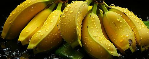 AI generated Fresh Bananas with Water Droplets. Bunch of Banana Isolated on Black Background. Generative AI photo