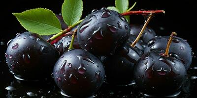 ai generado Fresco acai baya con agua gotas aislado en un negro antecedentes. euterpe oleracea. generativo ai foto