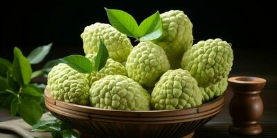 AI generated Fresh Custard Apples in a Basket. Sugar Apple. Healthy Fruit. Generative AI photo