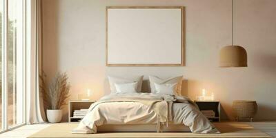 ai generado minimalista beige cama habitación interior diseño con blanco blanco imagen marco Bosquejo. generativo ai foto