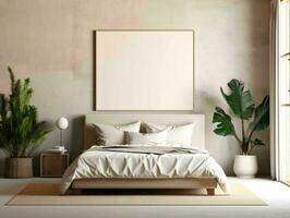 AI generated Minimalist Beige Bed Room Interior Design with Blank White Picture Frame Mockup. Generative AI photo