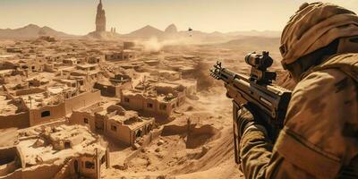 ai generado soldado participación un pistola con un arruinado ciudad en el Desierto antecedentes. generativo ai foto