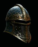 ai generado hierro medieval guerra casco aislado en negro antecedentes. generativo ai foto