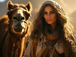 ai generado hermosa velado mujer de viaje en el Desierto con luz de sol efecto. generativo ai foto