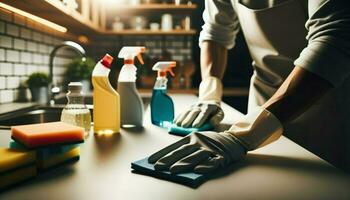 ai generado un individual vistiendo guantes, a fondo limpieza un cocina encimera. foto