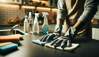 ai generado un individual vistiendo guantes, a fondo limpieza un cocina encimera. foto