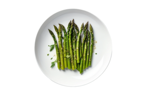 AI generated Grilled Asparagus on a White Plate. Transparent Background. png