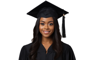 AI generated Black Woman in Graduation Attire on Transparent Background. png