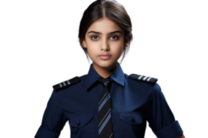 ai généré Indien fille portant une police d'officier uniforme sur transparent Contexte. png