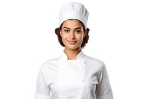 ai gerado sul americano menina vestido Como uma chefe de cozinha dentro branco uniforme em transparente fundo. png