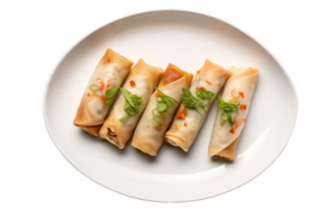 AI generated Crispy Vegetable Spring Rolls on a White Plate on Transparent Background. png