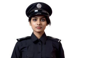 ai généré Indien fille portant une police d'officier uniforme sur transparent Contexte. png