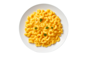 ai généré macaroni et fromage sur une blanc assiette sur transparent Contexte. png
