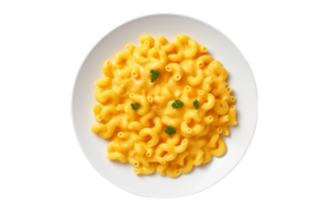 ai generato maccheroni e formaggio su un' bianca piatto su trasparente sfondo. png