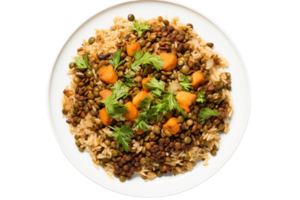 ai généré réconfortant lentille et riz pilaf sur une blanc assiette sur transparent Contexte. png