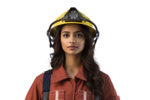 AI generated Indian Girl in Firefighter Costume on Transparent Background. png