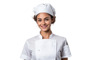 ai generado sur americano niña vestido como un cocinero en blanco uniforme en transparente antecedentes. png