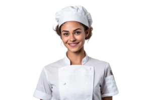 ai généré Sud américain fille habillé comme une chef dans blanc uniforme sur transparent Contexte. png