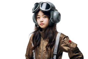 ai generiert asiatisch Mädchen im Piloten Outfit auf transparent Hintergrund. png