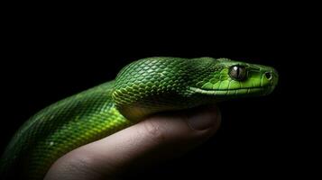 ai generado mano participación un verde serpiente, aislado negro antecedentes foto