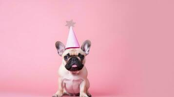 ai generado contento francés buldog vistiendo cumpleaños sombrero con rosado antecedentes foto