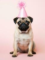 ai generado doguillo perro con contento expresión vistiendo cumpleaños sombrero foto