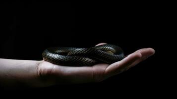 ai generado mano participación un negro serpiente, aislado negro antecedentes foto