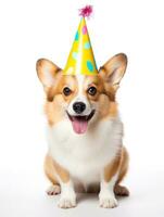 ai generado linda pembroke galés corgi perro vistiendo cumpleaños sombrero en pie frente a el cámara foto