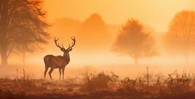 ai generado poderoso rojo ciervo en pie en el sabana con denso niebla en el mañana, otoño tema foto