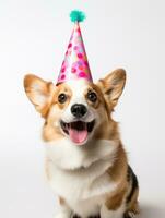 ai generado linda pembroke galés corgi perro vistiendo cumpleaños sombrero en pie frente a el cámara foto