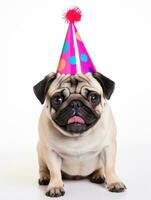 AI generated Pug dog with happy expression wearing birthday hat photo