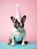 ai generado contento francés buldog vistiendo cumpleaños sombrero con rosado antecedentes foto