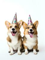 AI generated Cute Pembroke welsh corgi dog wearing birthday hat standing facing the camera photo