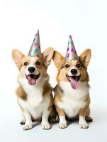 ai generado linda pembroke galés corgi perro vistiendo cumpleaños sombrero en pie frente a el cámara foto