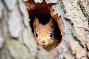 AI generated a cute squirrel peeks out of a tree hole photo