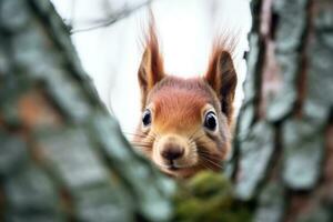 AI generated a cute squirrel peeks out of a tree hole photo