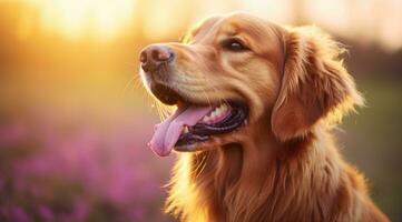 AI generated Golden retriever dog sitting on a pile of grass, spring theme concept photo