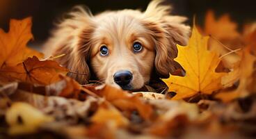 AI generated Golden retriever dog sitting on a pile of dry maple leaves, autumn theme concept photo