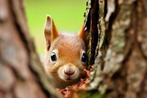 AI generated a cute squirrel peeks out of a tree hole photo