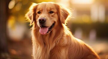 AI generated Golden retriever dog sitting on a pile of grass, spring theme concept photo