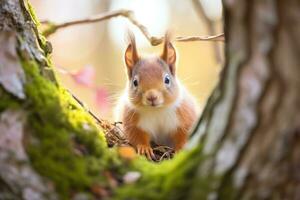 ai generado primavera escena con un linda rojo ardilla. sciurus vulgaris. europeo ardilla sentado en el árbol tocón foto