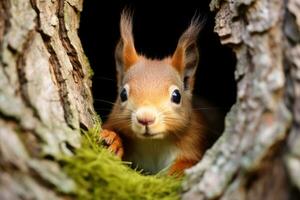 AI generated a cute squirrel peeks out of a tree hole photo