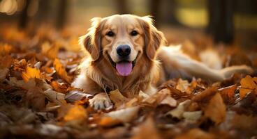 AI generated Golden retriever dog sitting on a pile of dry maple leaves, autumn theme concept photo