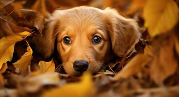 AI generated Golden retriever dog sitting on a pile of dry maple leaves, autumn theme concept photo