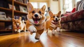 ai generado grupo de linda pembroke galés corgi perro corriendo en un soleado día frente a el cámara foto