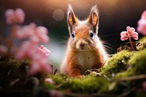 AI generated Spring scene with a cute red squirrel. Sciurus vulgaris. European squirrel sitting on the tree stump photo