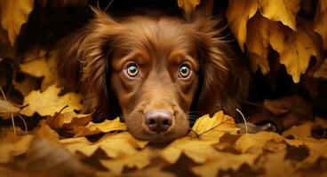 AI generated Golden retriever dog sitting on a pile of dry maple leaves, autumn theme concept photo