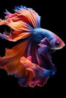 ai generado agresivo siamés pescar pez, Betta con multi vibrante colores aislado negro antecedentes foto