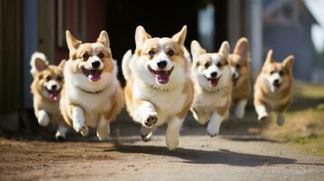 AI generated Group of Cute Pembroke welsh corgi dog running on a sunny day facing the camera photo