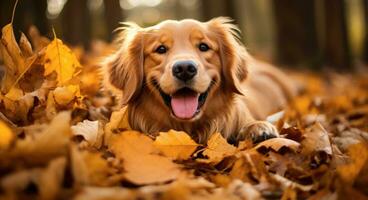 ai generado dorado perdiguero perro sentado en un pila de seco arce hojas, otoño tema concepto foto